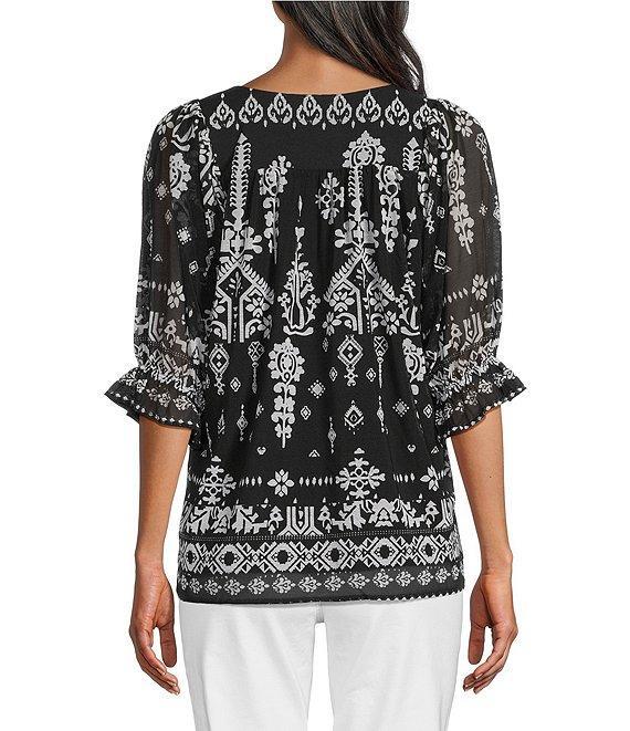 Calessa Petite Size Mesh Knit Abstract Mosaic Square Neck Elbow Puff Sleeve Blouse Product Image