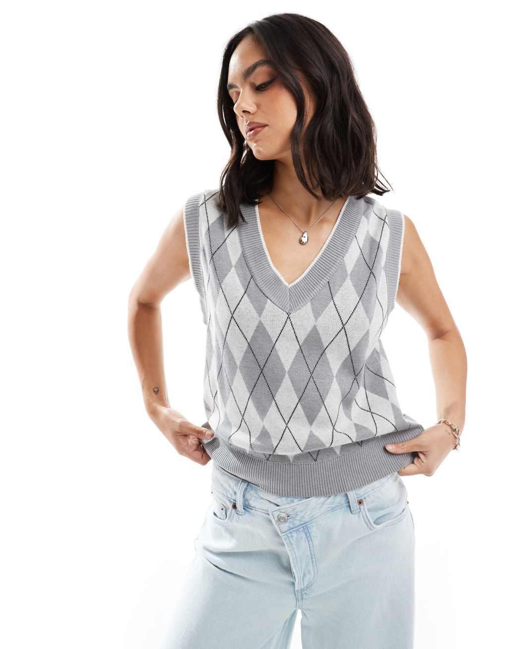 Stradivarius argyle knit sweater in gray Product Image