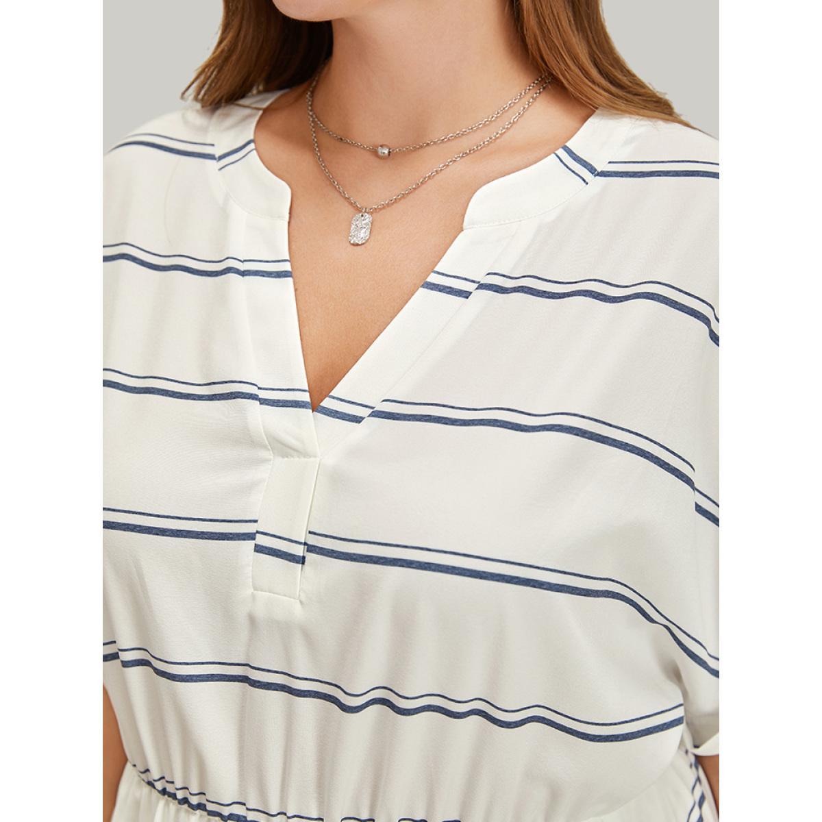 Plus Size Striped Notched Neck Pocket Roll Batwing Sleeve Dress White Women Office Lined Notched collar Short sleeve Curvy Midi Dress BloomChic 30/6X Product Image
