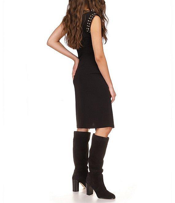 MICHAEL Michael Kors Matte Jersey Studded Crew Neck Sleeveless Asymmetrical Hemline Sheath Dress Product Image