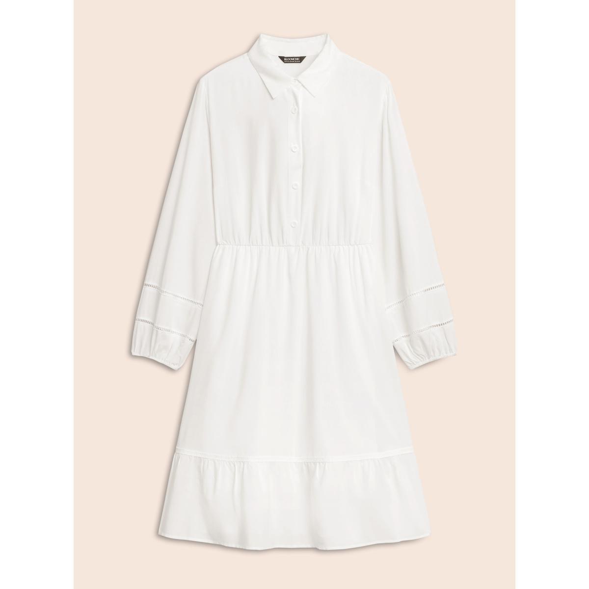 Plus Size Shirt Collar Button Detail Woven Ribbon Dress Originalwhite Women Workwear Essentials Woven ribbon&lace trim Shirt collar Long Sleeve Curvy BloomChic 30/6X Product Image