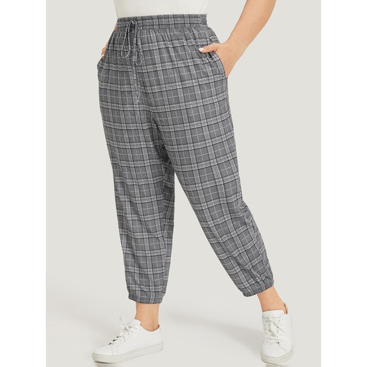Plaid Drawstring Pocket High Rise Sweatpants SlateGray Plus Size Women Casual Dailywear Cross straps 28/5X Bloomchic Product Image