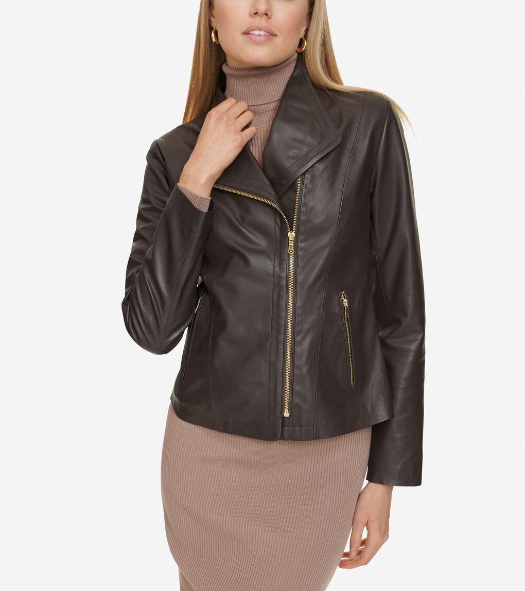Moulded Collar Asymmetric Leather Jacket Product Image