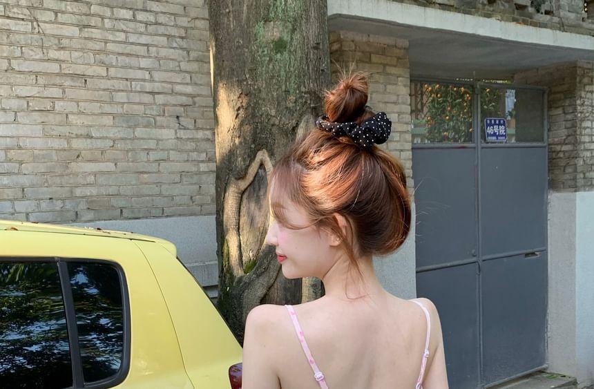 V-Neck Heart Print Asymmetrical Knot Slit Flowy Crop Camisole Top Product Image