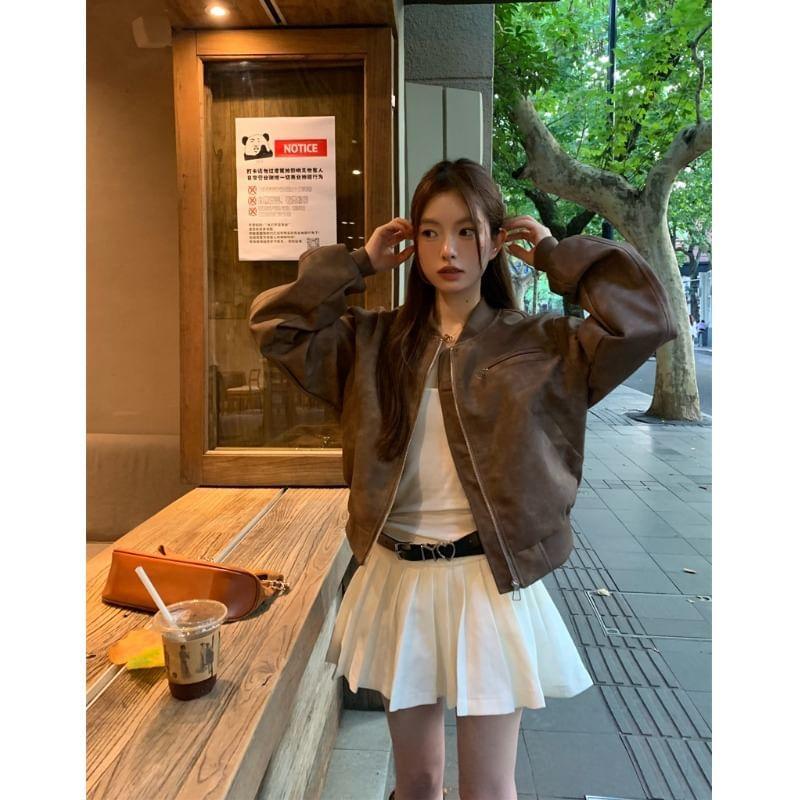 Tie Dye Zip-Up Faux Leather Bomber Jacket Product Image