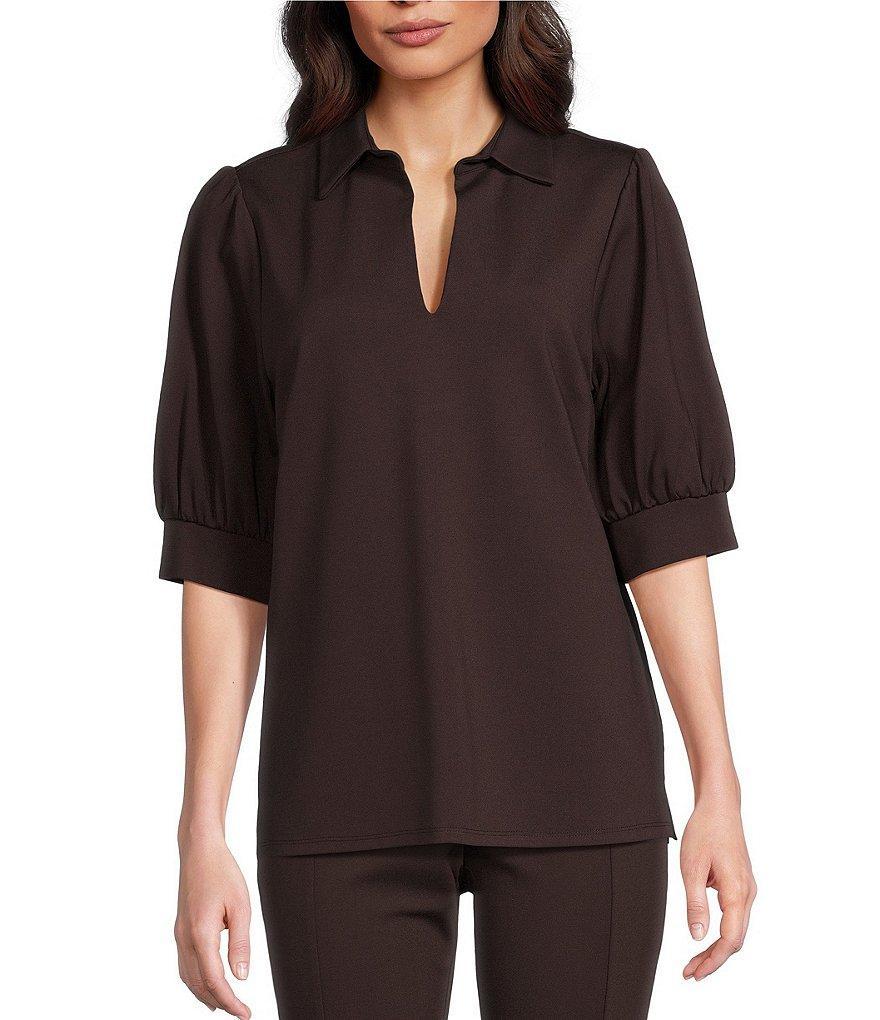Jude Connally Katia Ponte Knit Split V-Neck Point Collar Short Sleeve Blouse Product Image