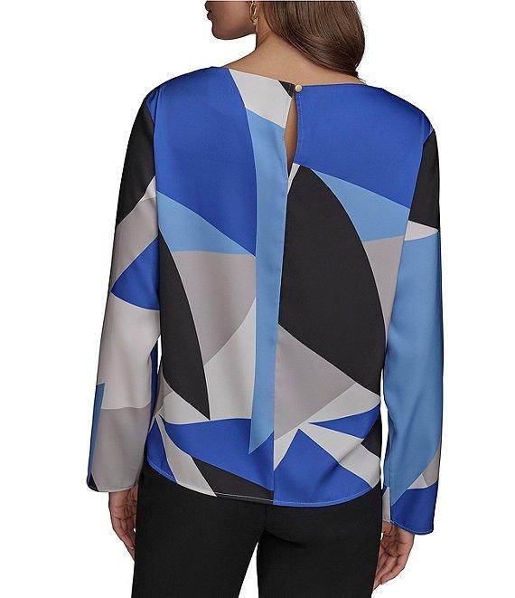 Donna Karan Gold Shoulder Hardware Geometric Printed Boat Neck Long Sleeve Top Product Image