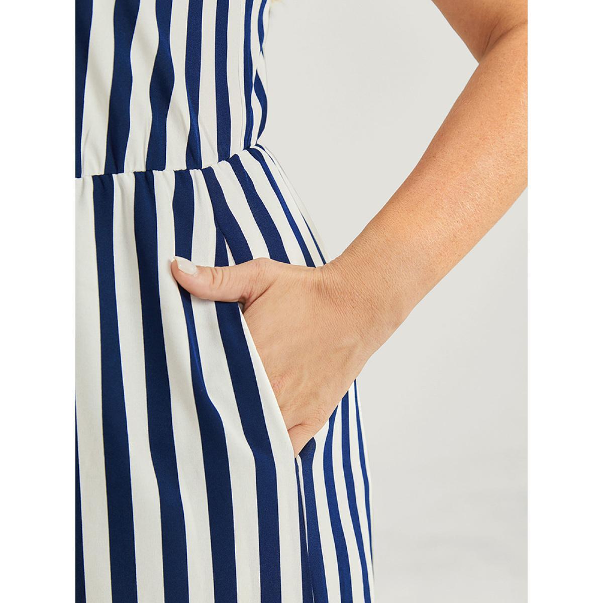 Plus Size DarkBlue Striped Print Contrast Lace Pocket Knot Tassels Tank Jumpsuit Women Office Sleeveless V-neck Work Loose Jumpsuits BloomChic 18-20/2X Product Image