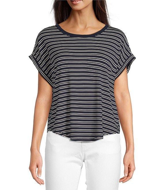 Lucky Brand Sandwash Stripe Contrast Trim Crew Neck Short Dolman Sleeve Top Product Image
