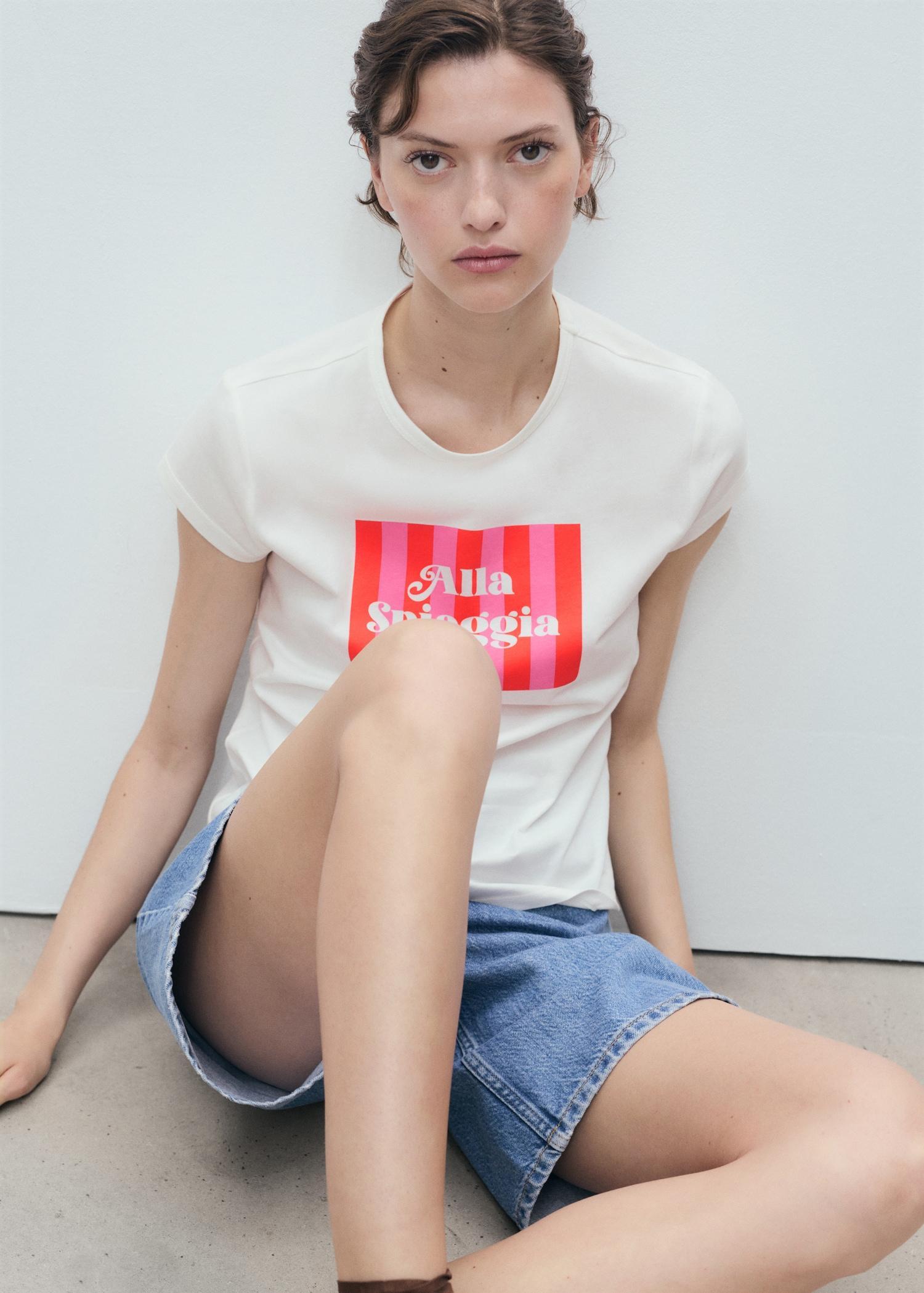 Printed cotton-blend t-shirt - Women | MANGO USA Product Image