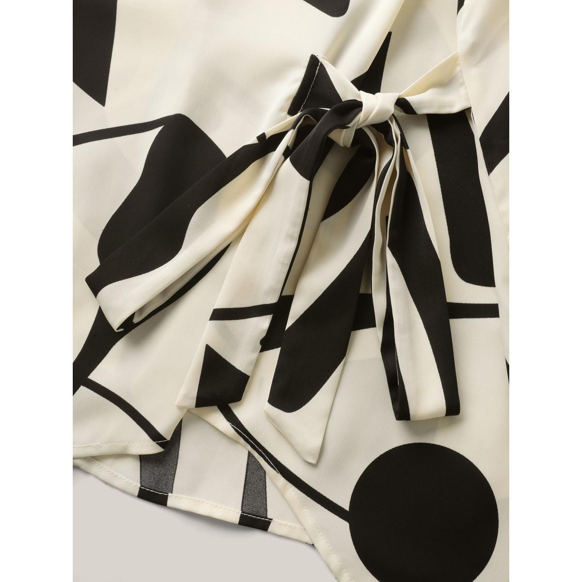 Plus Size Beige Abstract Print Knotted Blouse Women Short sleeve Flat collar with V-notch Work Blouses BloomChic 14-16/1X Product Image