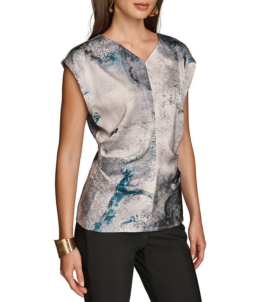 Donna Karan Satin Back Crepe V-Neck Cap Abstract Print Sleeve Top Product Image