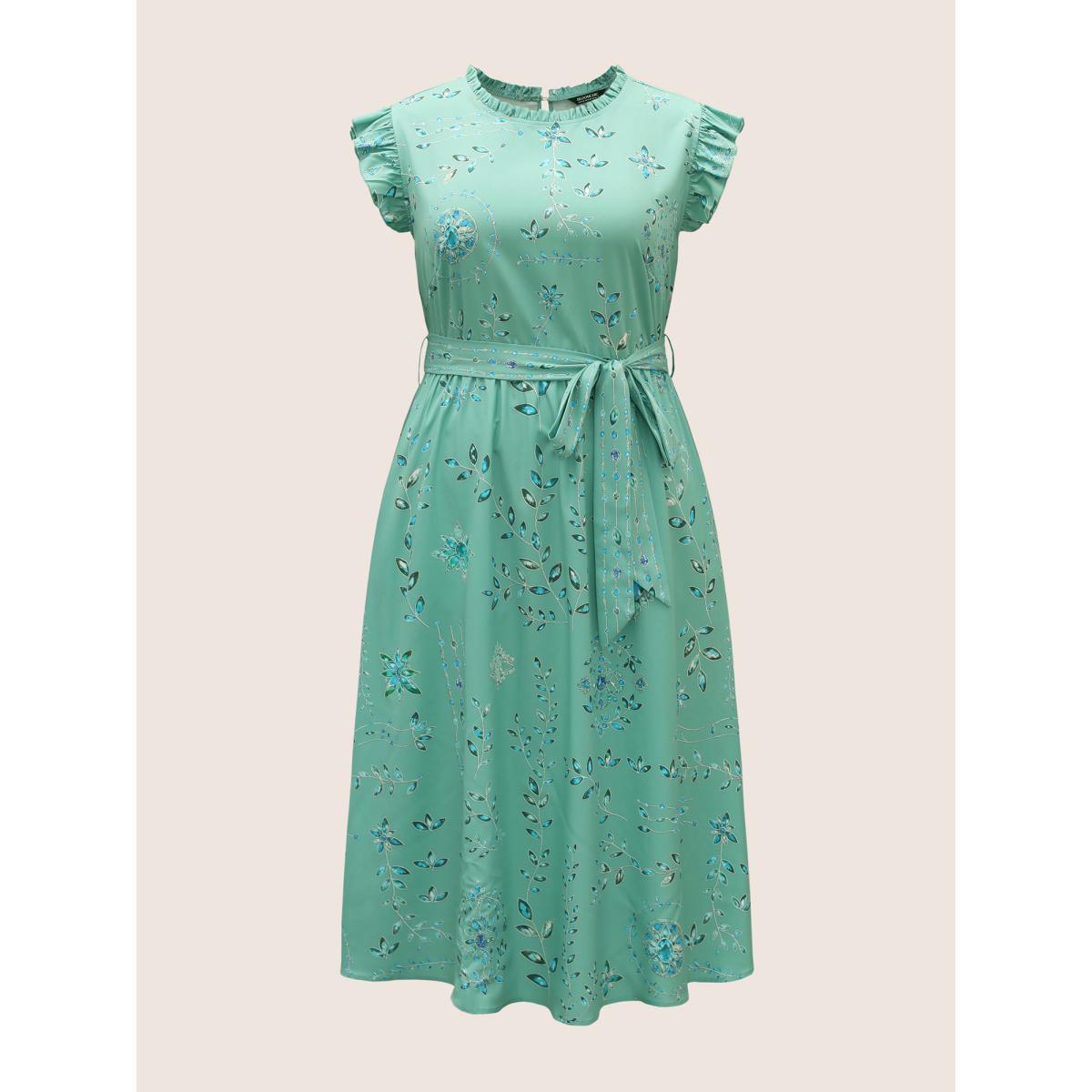 Plus Size Mock Neck Floral Ruffle Cap Sleeve Dress Palemauve Women Elegant Belted Mock Neck Cap Sleeve Curvy BloomChic 28/5X Product Image