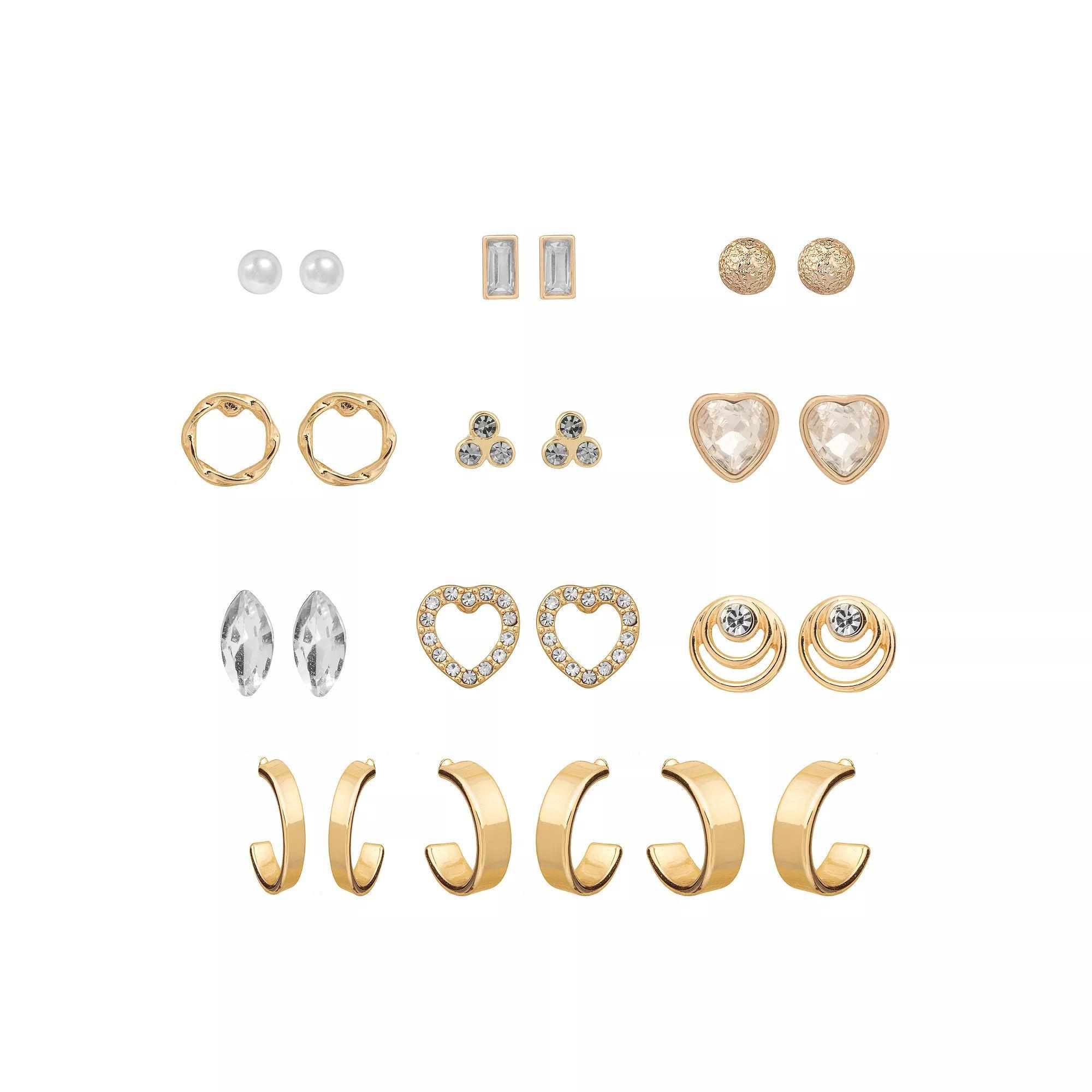 LC Lauren Conrad Gold Tone Crystal & Simulated Pearl Heart Earrings 12-pack Set, Women's, Clear Product Image