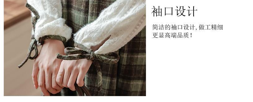 Long Sleeve Round Neck Plaid Mock Two Piece Frill Button Midi A-Line Dress Product Image