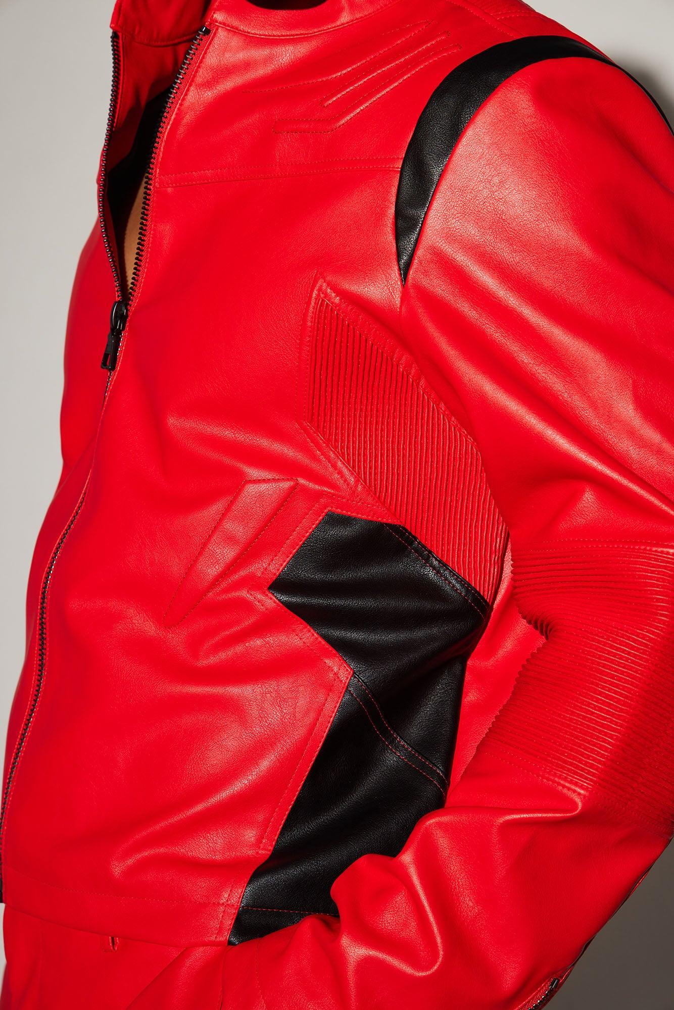 Dakota Faux Leather Moto Jacket - Red/combo Product Image