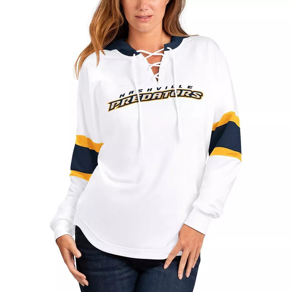 Women's G-III 4Her by Carl Banks White/Navy Nashville Predators Goal Zone Long Sleeve Lace-Up Hoodie T-Shirt, Size: Large, Pdt White Product Image