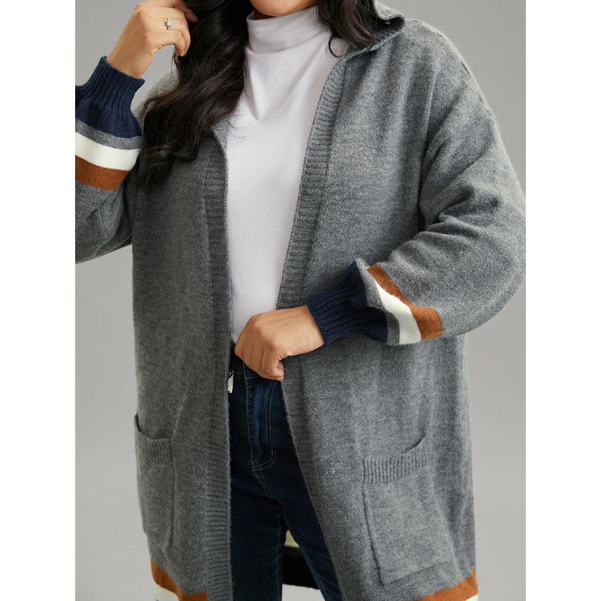 Plus Size Supersoft Essentials Striped Contrast Pocket Hooded Cardigan DimGray Women Casual Loose Long Sleeve Dailywear Cardigans BloomChic 18-20/2X Product Image