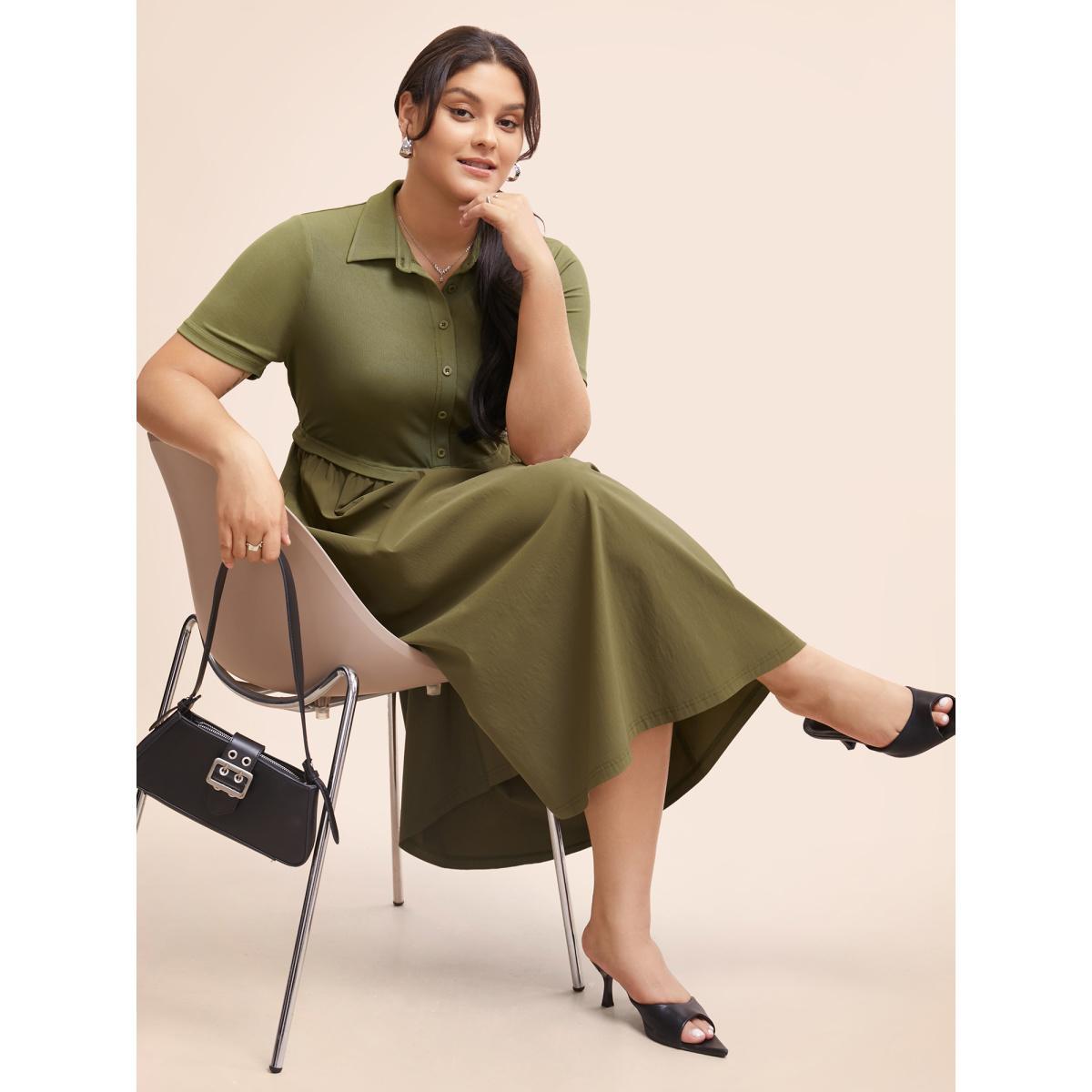 Plus Size Stretch Woven Waist-Cinching Midi Dress Olive Women Work From Home Patchwork Shirt collar Short sleeve Curvy BloomChic 26/4X Product Image