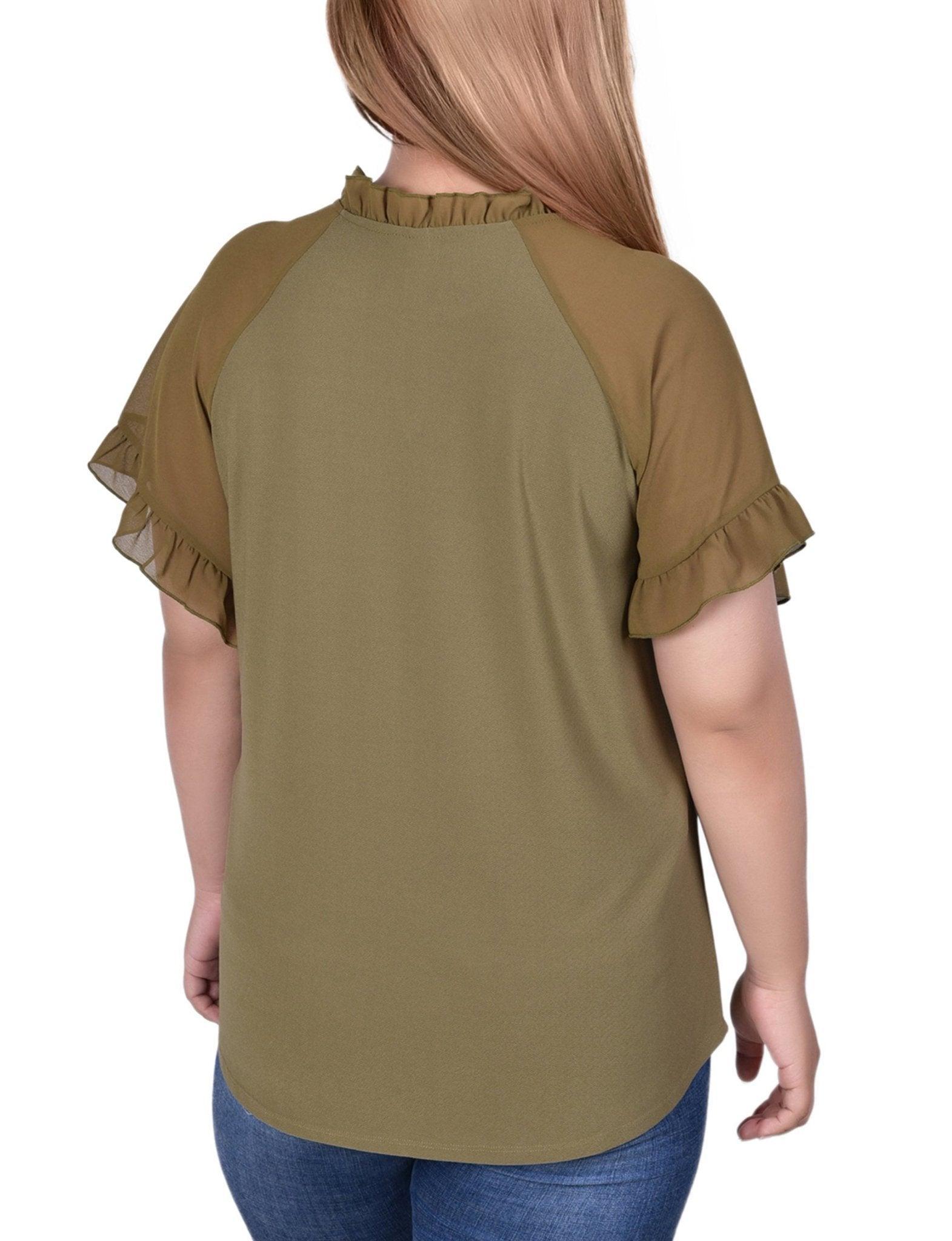 Martini Olive Short Ruffled Sleeve Crepe Knit Top With Chiffon Sleeves - Plus Product Image