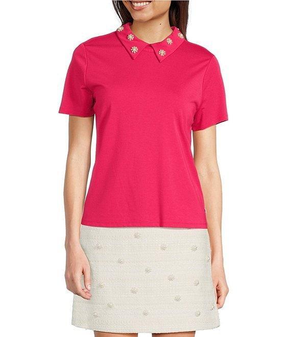 KARL LAGERFELD PARIS Pearl Flower Embellished Point Collar Short Sleeve Polo Product Image