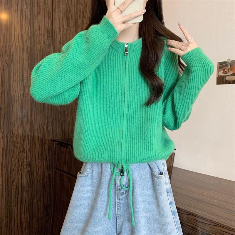 Round Neck Ribbed Zip Cardigan Product Image