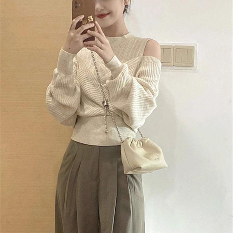 Cold Shoulder Plain Mock Two Piece Wrap Sweater Product Image