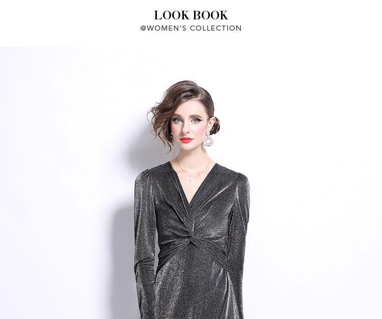Long Sleeve V-Neck Plain Glitter Twist Maxi A-Line Dress Product Image
