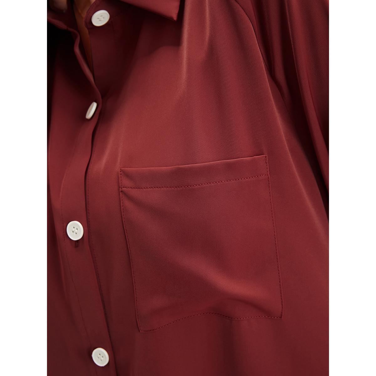 Plus Size Russet Solid Shirred Pocket Button Up High Low Hem Blouse Women Office Long Sleeve Shirt collar Work Blouses BloomChic 22-24/3X Product Image