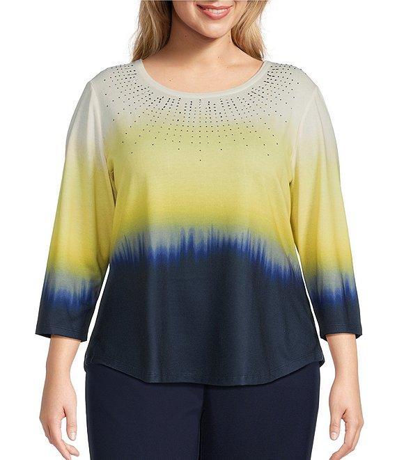 Allison Daley Plus Size Embellished Ombre Print 3/4 Sleeve Crew Neck Knit Top Product Image