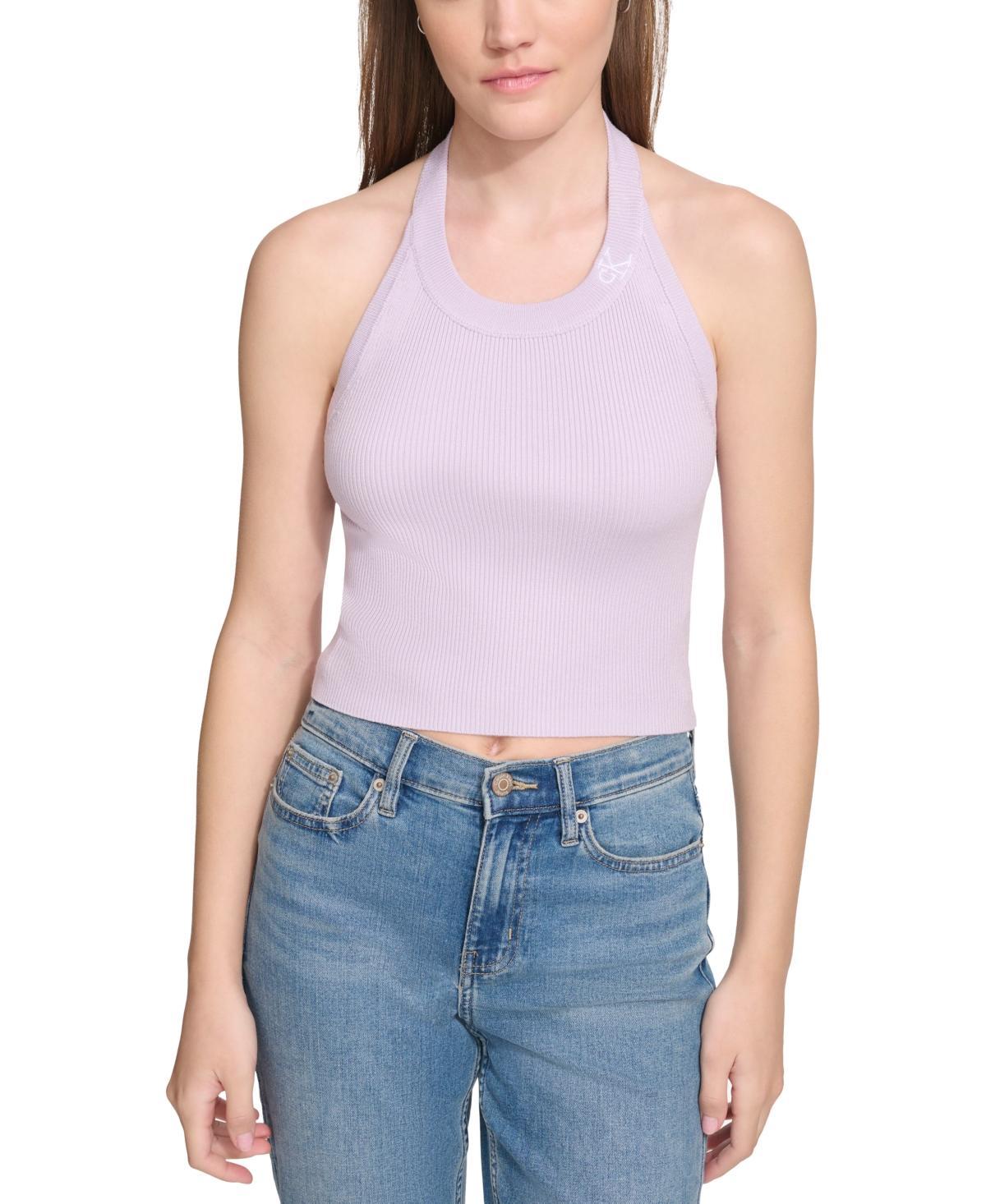 Calvin Klein Jeans Womens Ribbed Embroidered-Logo Cropped Halter Top - White Product Image