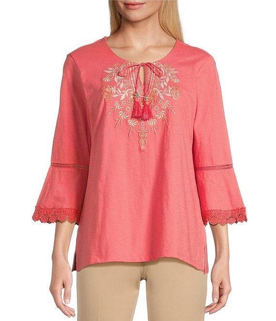 Allison Daley Petite Size Embroidered 3/4 Flare Sleeve Split V-Neck Sweater Product Image