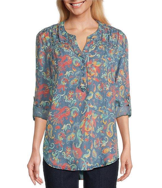 Intro Petite Size Lyocell Slub Y-Neck Long Roll-Tab Sleeve Shirttail Hem Blouse Product Image