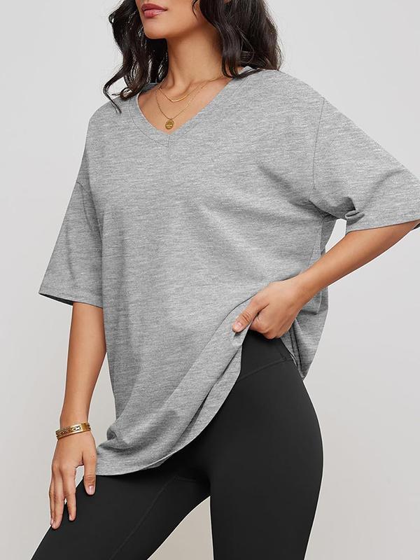 Short Sleeves Solid Color Split-Joint V-Neck T-Shirts Product Image