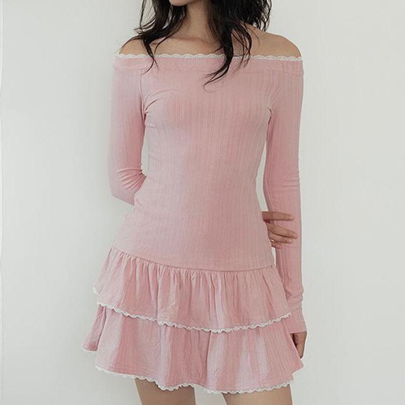 Long Sleeve Off-Shoulder Lace-Trim Ribbed-Knit Slim-Fit Top Product Image