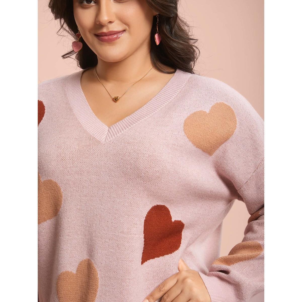 Plus Size V-Neck Heart Jacquard Contrast Pullover Nudepink Women Casual Loose Long Sleeve V-neck Everyday Pullovers BloomChic 14-16/1X Product Image