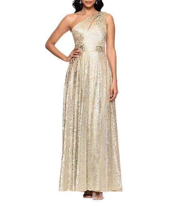 Betsy & Adam Petite Size One Shoulder Foil Flower Print Dress Product Image