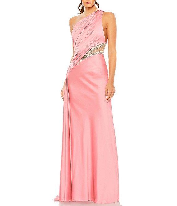 Mac Duggal Embellished Mesh Inset Satin Ruched One Shoulder Sleeveless Draped Gown Product Image