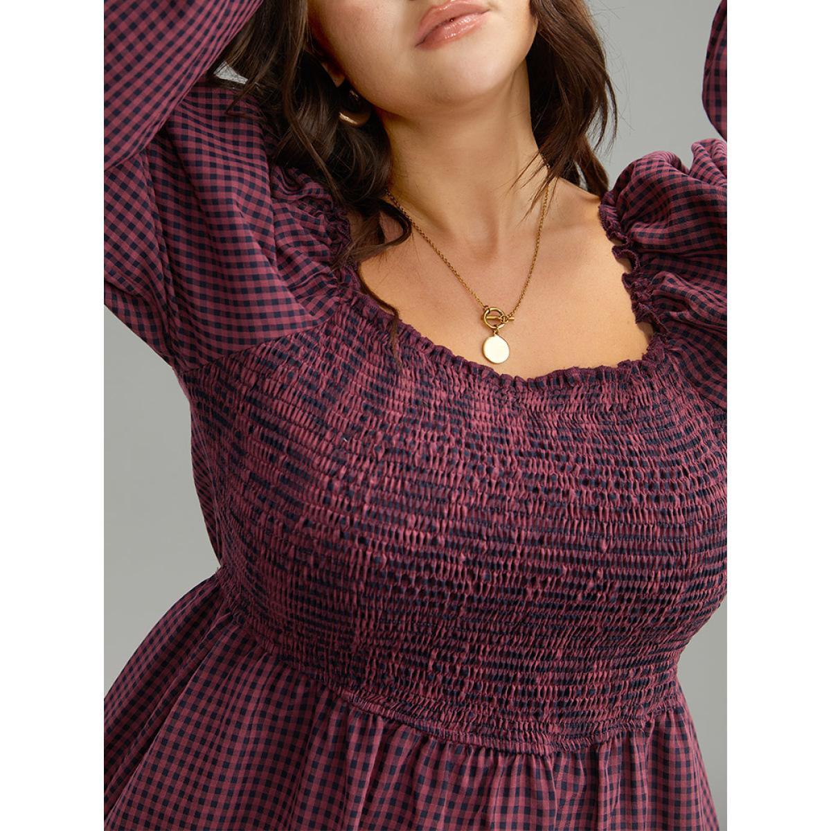 Plus Size Gingham Square Neck Frill Trim Shirred Dress RedViolet Women Casual Elastic cuffs Square Neck Long Sleeve Curvy Midi Dress BloomChic 10/M Product Image