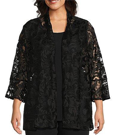 Caroline Rose Plus Size Bella Soiree Embroidered Mesh Lace 34 Bell Sleeve Cardigan Product Image