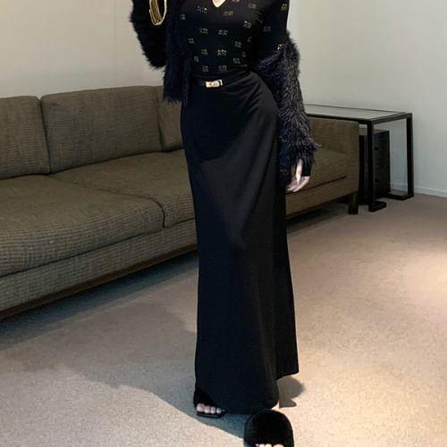 Long-Sleeve V-Neck Rhinestone Top / High Rise Midi Mermaid Skirt / Fluffy Jacket / Belt Product Image