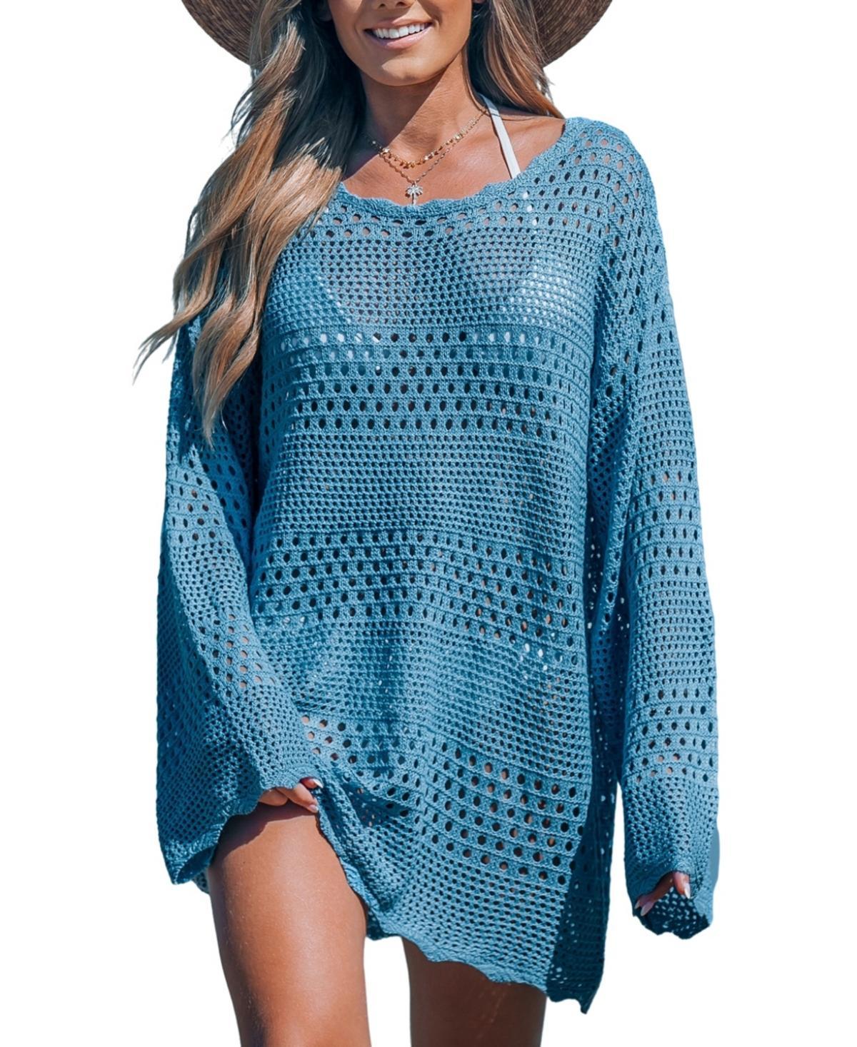 Women's Cupshe Knit Crocheted Long Sleeve Swim Cover Up Dress, Size: Medium, Beige Khaki Product Image