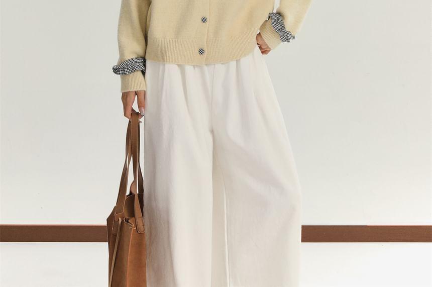 Crew Neck Gingham Panel Frill Trim Button-Up Cardigan Product Image
