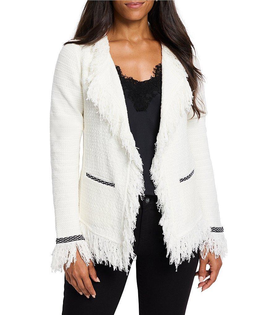 NIC + ZOE Mix Knit Lapel Long Sleeve Fringe Trim Jacket Product Image