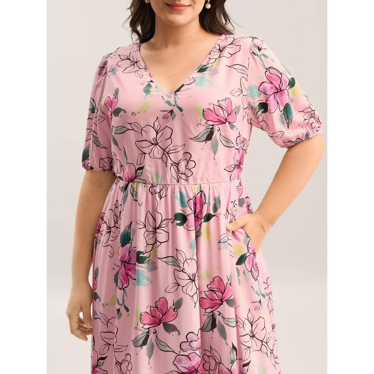 Plus Size Blushing Petals Pockets Cinched-Waist Midi Dress Lightpink Women V-neck Half Sleeve Curvy BloomChic 10/M Product Image