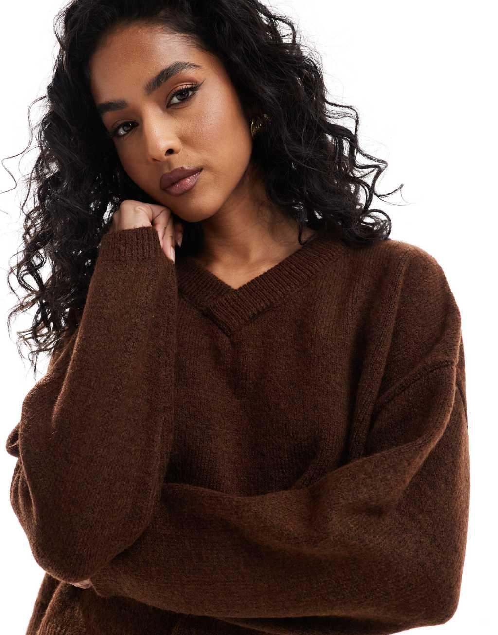 ASOS DEISGN fluffy knit v neck sweater in chocolate brown Product Image