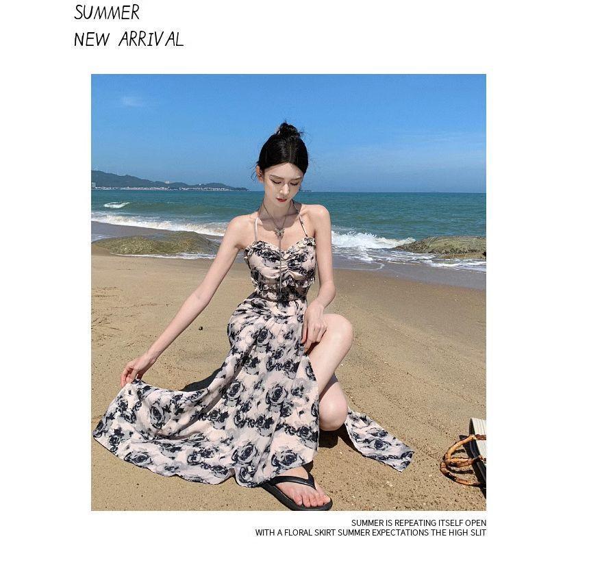 Halter Floral Open Back Slit Maxi A-Line Sundress Product Image