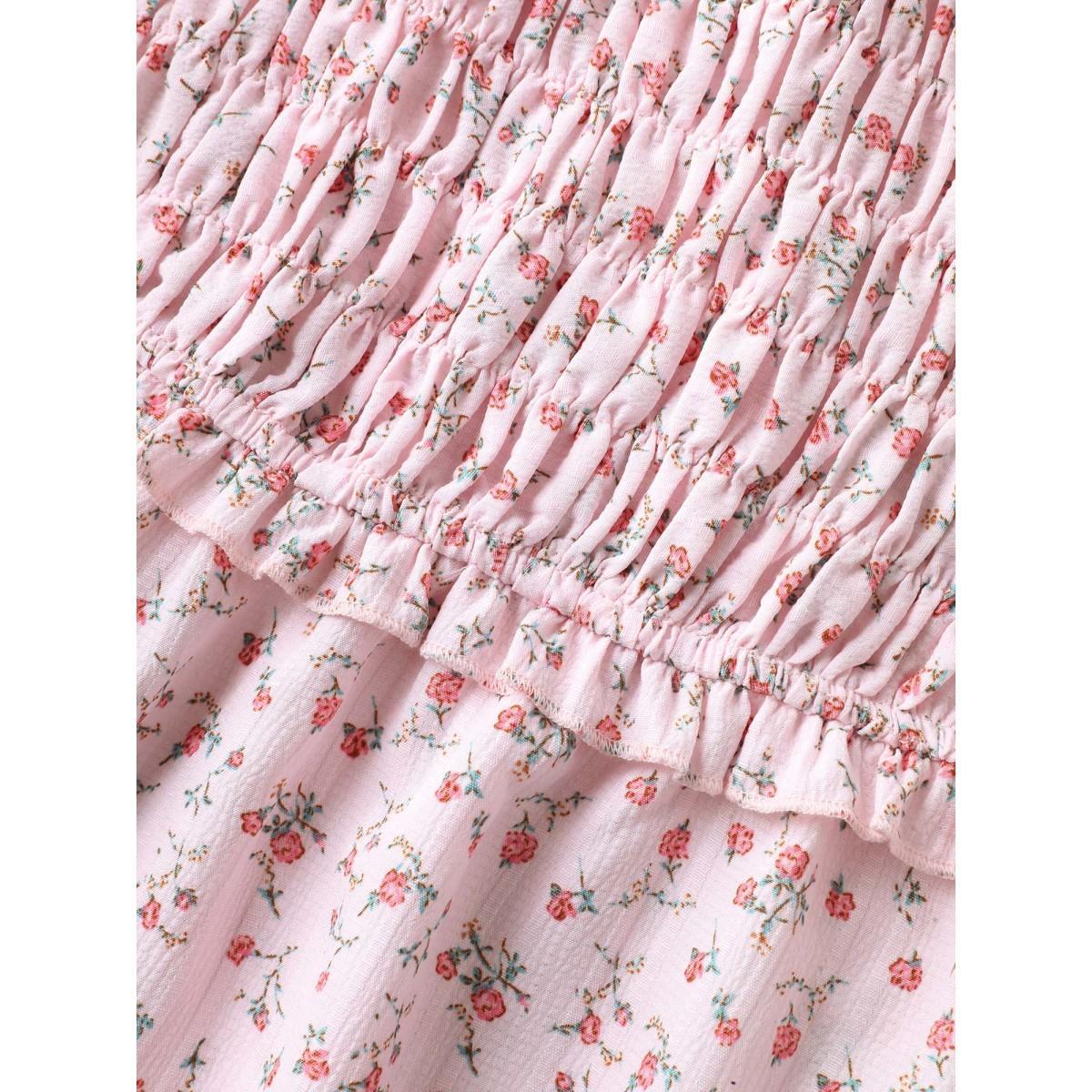 Plus Size Lightpink Shirred Laser Cut Hem Floral Blouse Women Cap Sleeve V-neck Everyday-Elegant Blouses BloomChic 12/L Product Image