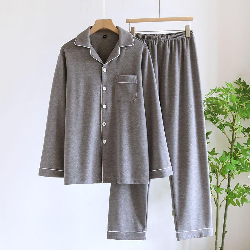 Pajama Set: Long Sleeve Collared Contrast Trim Shirt + Elastic Waist Straight Leg Pants Product Image