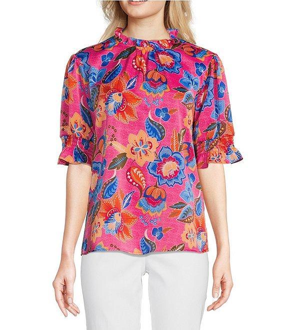 Ali Miles Floral Ruffle Round Neck Elbow Sleeve Print Popover Tunic Product Image